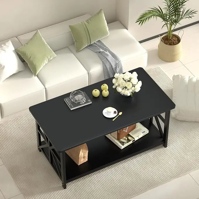 GreenForest Coffee Table with Round Corner, Farmhouse Center Table with 2-Tier Storage Shelf X-Frame Design for Living Room, 39 inch Black - LeafyLoom