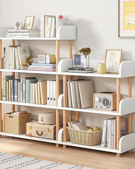 4-Tier Wooden Open Bookcase - Modern Display Bookshelf with Side Panels and Solid Wood Frame for Home and Office, Storage Cabinet, Warm White - LeafyLoom