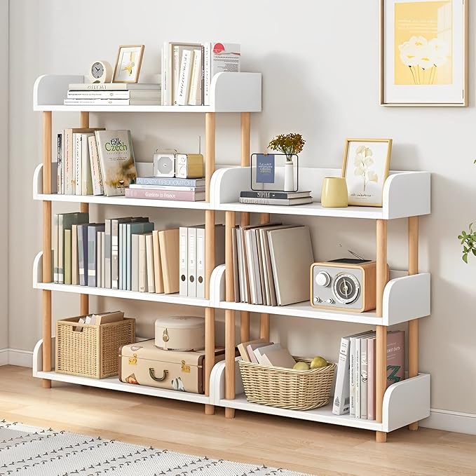4-Tier Wooden Open Bookcase - Modern Display Bookshelf with Side Panels and Solid Wood Frame for Home and Office, Storage Cabinet, Warm White - LeafyLoom