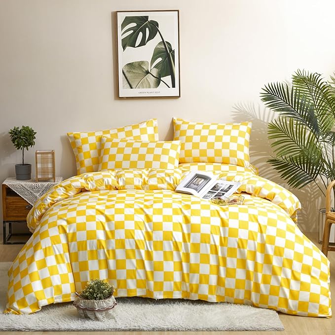 Yellow White Grid Comforter Set Queen Yellow Plaid Bedding Set Women Yellow and White Checkered Bed Comforter Set Breathable Blanket Set Men Durable Bedding Comforter Set - LeafyLoom