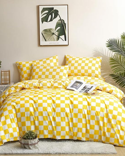 Yellow White Grid Comforter Set Cal King Yellow Plaid Bedding Set Women Yellow and White Checkered Bed Comforter Set Breathable Blanket Set Men Durable Bedding Comforter Set - LeafyLoom