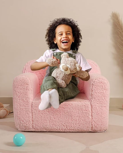 Kids Snuggly-Soft Sherpa Chair, Cuddly Toddler Foam Chair for Boys and Girls, Pink - LeafyLoom