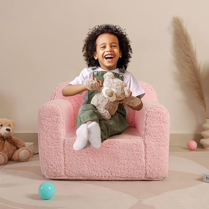 Kids Snuggly-Soft Sherpa Chair, Cuddly Toddler Foam Chair for Boys and Girls, Pink - LeafyLoom