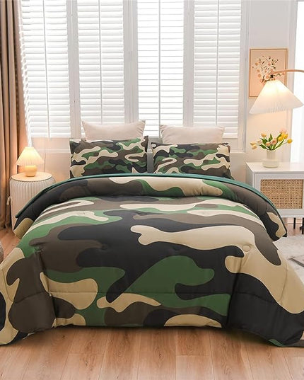 Meeting Story Camouflage Bedding Set, Colorful Pattern Style Comforter Set, 5 PCS One Comforter Two Pillowcases Two Sheets in One Bag, All Season Bedspread for Teens Adults (Green, Queen 5Pcs) - LeafyLoom