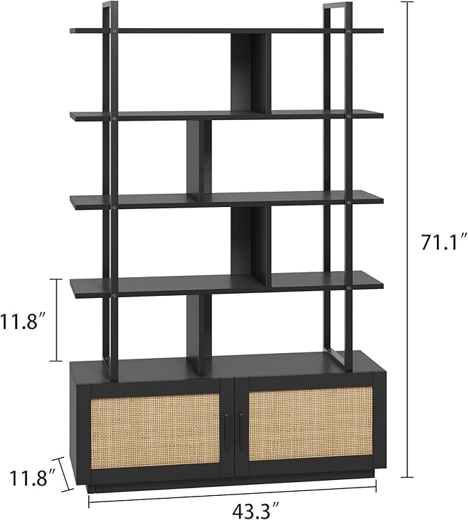 GAOMON 5 Tier Rattan Bookshelf with Storage Cabinet & Door, 71.1 Inch Tall Industrial Book Shelf with Open Display Shelves, 5 Shelf Bookcase with Metal Frame for Living Room, Bedroom -Black - LeafyLoom