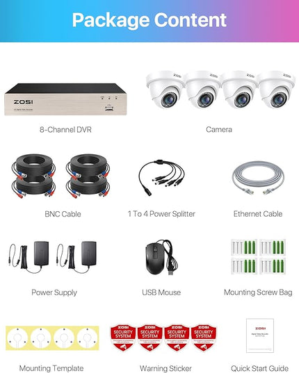 ZOSI 3K Lite 8CH H.265+ Home Security Camera System with AI Human/Vehicle Detection,Night Vision,5MP Lite 8 Channel CCTV DVR,4pcs 1080P 1920TVL 2MP Outdoor Indoor Surveillance Dome Cameras (No HDD) ZOSI