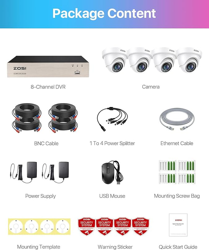 ZOSI 3K Lite 8CH H.265+ Home Security Camera System with AI Human/Vehicle Detection,Night Vision,5MP Lite 8 Channel CCTV DVR,4pcs 1080P 1920TVL 2MP Outdoor Indoor Surveillance Dome Cameras (No HDD) ZOSI