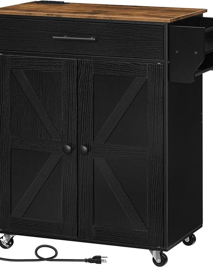 HOOBRO Kitchen Island with Power Outlet, Kitchen Storage Island with Large Worktop, Spice Rack and Drawer, Rolling Kitchen Cart on Wheels, for Kitchen and Dining Room, Rustic Brown and Black BF88UZD01 - LeafyLoom