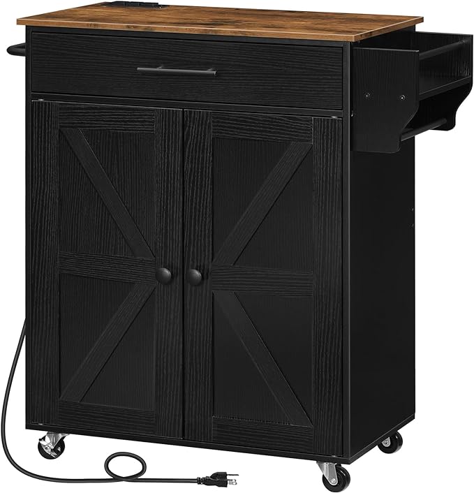 HOOBRO Kitchen Island with Power Outlet, Kitchen Storage Island with Large Worktop, Spice Rack and Drawer, Rolling Kitchen Cart on Wheels, for Kitchen and Dining Room, Rustic Brown and Black BF88UZD01 - LeafyLoom