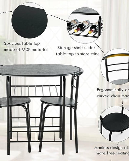 DORTALA 3PCS Dining Table Set, 1 table & 2 chairs set, 3 Piece Compact Dining Set, Oval Table & Mid-back Chairs w/Built-in Wine Rack, Suitable for Small Space, Black - LeafyLoom