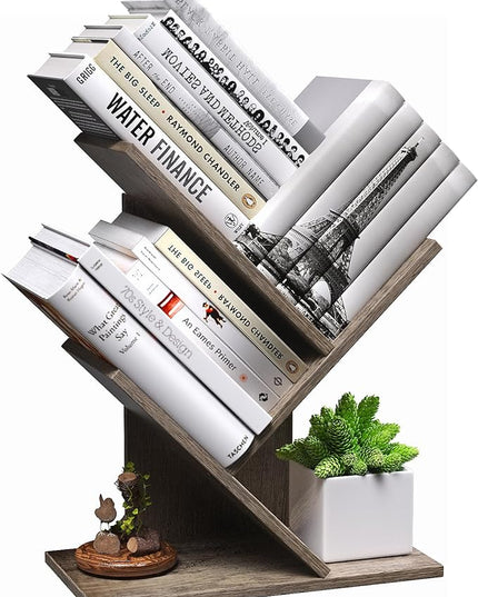 3 Tier Small Tree Bookshelf Storage Organizer Shelves Floor Standing Bookcase Desk Wood Storage Rack for Home Office Living Room Bedroom Display for Book Magazine CD manga Oak Grey - LeafyLoom