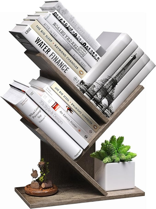 3 Tier Small Tree Bookshelf Storage Organizer Shelves Floor Standing Bookcase Desk Wood Storage Rack for Home Office Living Room Bedroom Display for Book Magazine CD manga Oak Grey - LeafyLoom