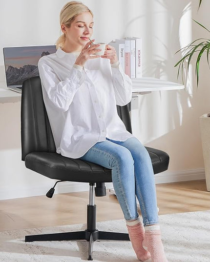 OLIXIS Cross Legged Armless Wide Adjustable Swivel Padded Home Office Desk Chair, Black - LeafyLoom