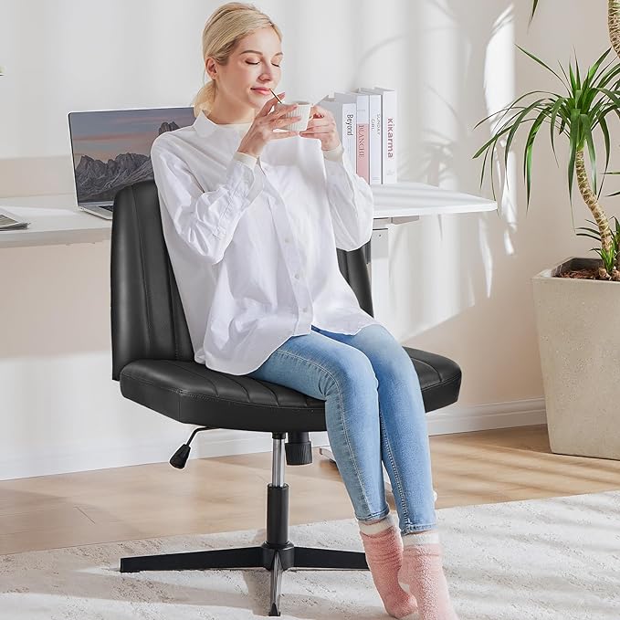 OLIXIS Cross Legged Armless Wide Adjustable Swivel Padded Home Office Desk Chair, Black - LeafyLoom