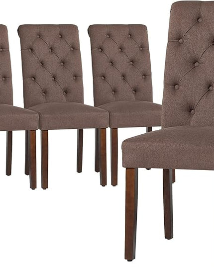 COLAMY Button Tufted Dining Chairs Set of 4, Parsons Upholstered Fabric Dining Room Chairs Kitchen Chairs with Wood Legs and Padded Seat, Brown - LeafyLoom