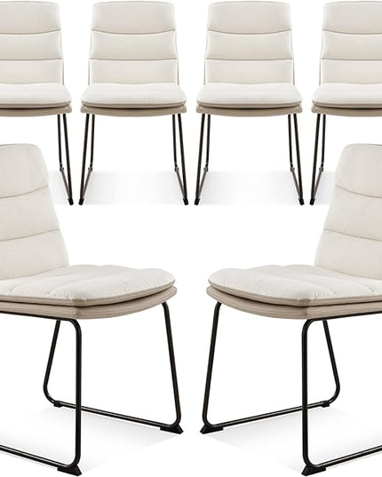 COLAMY Dining Chairs Set of 6, Modern Waffle Fabric Dining Chairs, Faux Leather Chairs with Back for Kitchen Dining Living Waiting Room, Cream - LeafyLoom