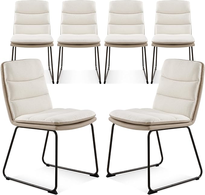 COLAMY Dining Chairs Set of 6, Modern Waffle Fabric Dining Chairs, Faux Leather Chairs with Back for Kitchen Dining Living Waiting Room, Cream - LeafyLoom