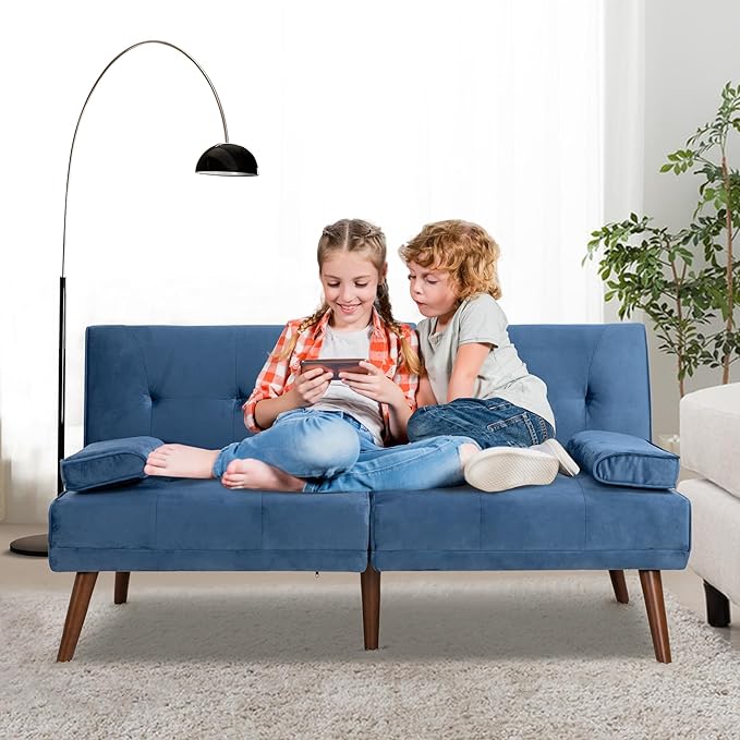 Shintenchi Futon Sofa Bed, Convertible Couch Bed Loveseat, Modern Futon Recliner Sleeper, Small Lazy Futon Set for Living Room, Office, Apartment, Blue - LeafyLoom