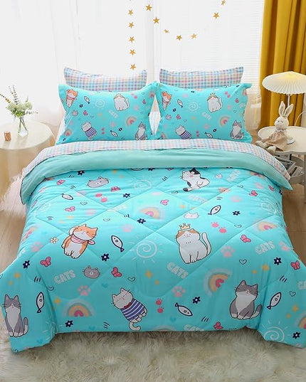 Cute Kids Cat Comforter Set Full Size 7 Piece Blue Rainbow Star Sun Heart Bed in A Bag Kawaii Animal Butterfly Fish Bedding Set for Girls Boys Teens Super Soft All Season - LeafyLoom