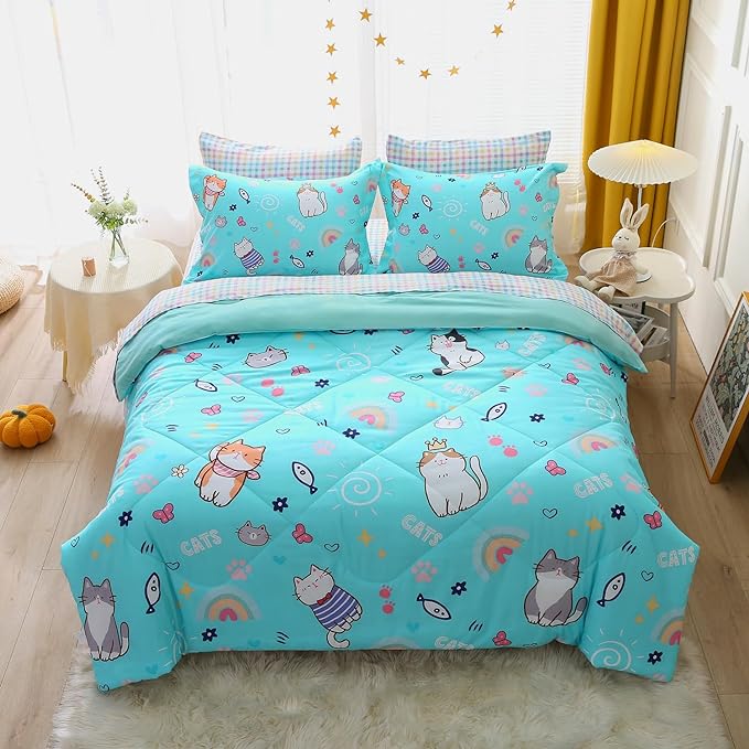 Cute Kids Cat Comforter Set Full Size 7 Piece Blue Rainbow Star Sun Heart Bed in A Bag Kawaii Animal Butterfly Fish Bedding Set for Girls Boys Teens Super Soft All Season - LeafyLoom
