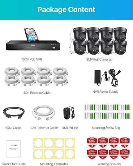 ZOSI 16CH 4K PoE Security Camera System with 4TB HDD,8pcs 8MP 4K PoE Cameras Outdoor Indoor,Person Vehicle Detection,Two-Way Talk,Spotlight Siren Alarm,Color Night Vision,8MP NVR for 24/7 Recording ZOSI