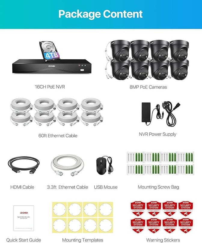 ZOSI 16CH 4K PoE Security Camera System with 4TB HDD,8pcs 8MP 4K PoE Cameras Outdoor Indoor,Person Vehicle Detection,Two-Way Talk,Spotlight Siren Alarm,Color Night Vision,8MP NVR for 24/7 Recording ZOSI