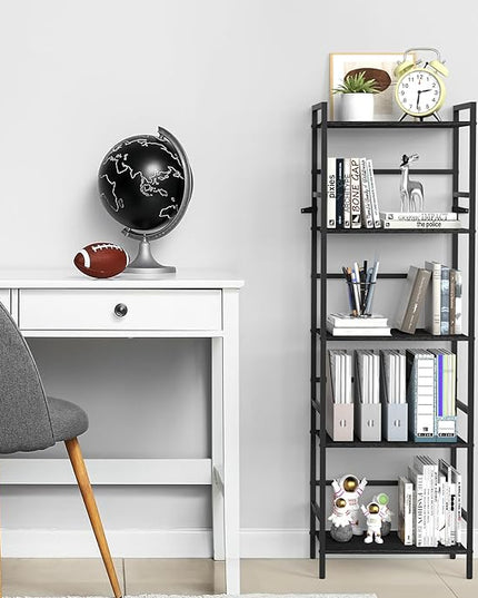 DOMYDEVM Black Tall Bookshelf Storage Organizer, 5 Tier Industrial Freestanding Bookshelf, Large Storage Tired Shelves, Metal Bookshelf 52.76in(H) for Small Space, Home Office, Living Room, Bedroom - LeafyLoom
