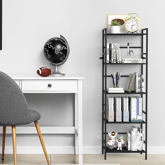 DOMYDEVM Black Tall Bookshelf Storage Organizer, 5 Tier Industrial Freestanding Bookshelf, Large Storage Tired Shelves, Metal Bookshelf 52.76in(H) for Small Space, Home Office, Living Room, Bedroom - LeafyLoom