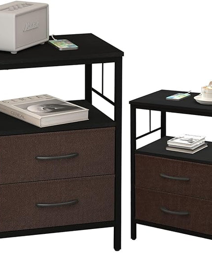 Nightstands set 2 for Bedroom Decor, Bedside Table with Charging Station, Night Stands with Fabric Drawers and Open Shelf, Side Table with USB Ports & Outlets (Black,2) - LeafyLoom