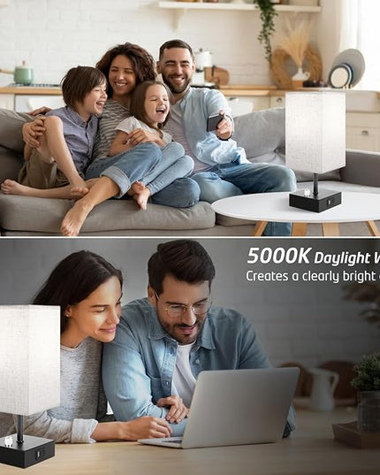 Fully Dimmable Table Lamps Set of 2,Small Table Lamp for Bedroom Kids Room, Bedside Lamp with USB C + A Ports & AC Outlet, Square Beige Fabric Shade Black Metal Base(LED Blubs Included). - LeafyLoom