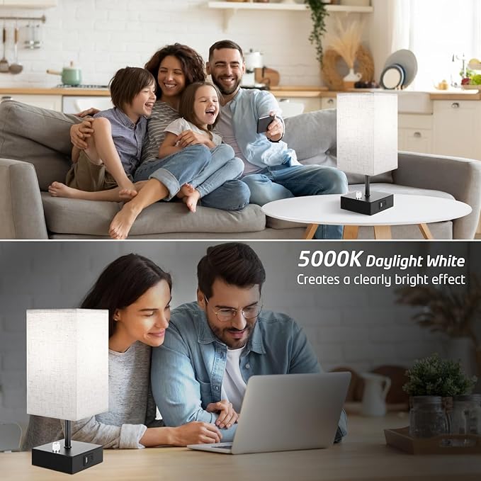 Fully Dimmable Table Lamps Set of 2,Small Table Lamp for Bedroom Kids Room, Bedside Lamp with USB C + A Ports & AC Outlet, Square Beige Fabric Shade Black Metal Base(LED Blubs Included). - LeafyLoom