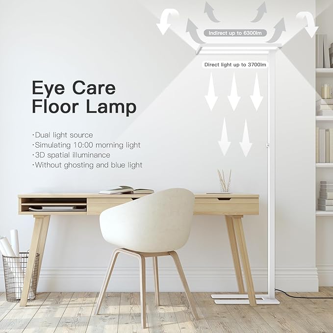 STERREN 76" Led Floor Lamp,80W White Modern Free-Standing Lamp,10000LM Dimmable Eye-Care Tall Reading Lamp for Reading Study Room,Office,Meeting Room,4000K Natural Daylight - LeafyLoom