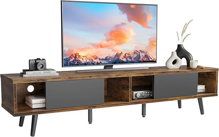 Bestier 70 inch Mid Century Modern TV Stand for 75 inch TV, Low Profile TV Stand with Storage, Entertainment Center for Living Room, Cord Management, Rustic Black - LeafyLoom