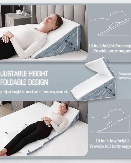 Bed Wedge Pillow for Sleeping, 20-in-1 Adjustable Bed Wedge Pillow for After Surgery, 9&12 Inch Height Memory Foam Triangle Pillow Wedge Relieve Acid Reflux, Gerd, Snoring - LeafyLoom