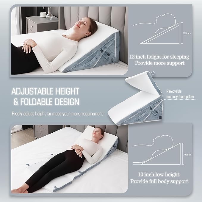 Bed Wedge Pillow for Sleeping, 20-in-1 Adjustable Bed Wedge Pillow for After Surgery, 9&12 Inch Height Memory Foam Triangle Pillow Wedge Relieve Acid Reflux, Gerd, Snoring - LeafyLoom