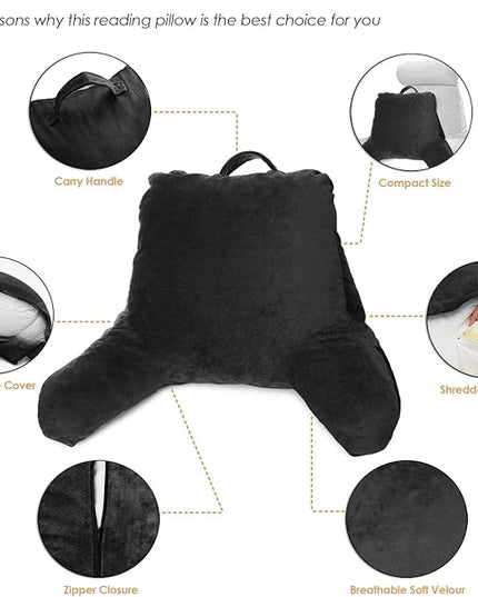 Clara Clark Reading Pillow, Standard Back Pillow for Sitting Up in Bed, Memory Foam Back Support Pillow, Reading Pillows for Sitting in Bed, Black Sit Up Pillow for Bed Chair Arm Pillow with Pockets - LeafyLoom