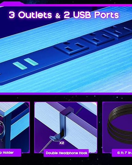 ODK L Shaped Gaming Desk with LED Lights & Power Outlets, 51" Computer Desk with Full Monitor Stand, Corner Desk with Cup Holder, Gaming Table with Hooks, White - LeafyLoom