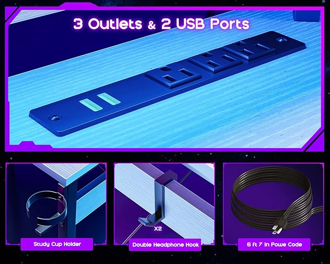 ODK L Shaped Gaming Desk with LED Lights & Power Outlets, 51" Computer Desk with Full Monitor Stand, Corner Desk with Cup Holder, Gaming Table with Hooks, White - LeafyLoom