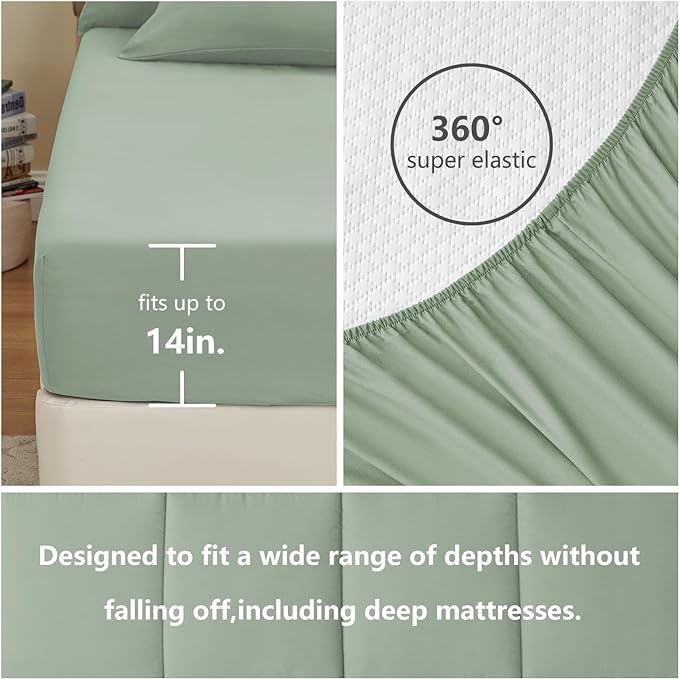 CozyLux King Size Comforter Sets - 7 Pieces Bed in a Bag Set Sage Green, Bedding Sets King with All Season Quilted Comforter, Flat Sheet, Fitted Sheet, Pillowcases, Sage Green, King - LeafyLoom