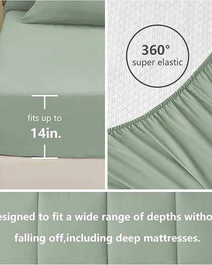 CozyLux Queen Size Comforter Sets - 7 Pieces Bed in a Bag Set Sage Green, Bedding Sets Queen with All Season Quilted Comforter, Flat Sheet, Fitted Sheet, Pillowcases, Sage Green, Queen - LeafyLoom