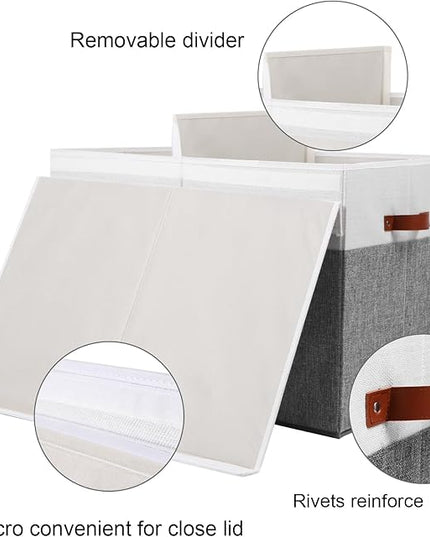Large Toy Storage Box with Lid, Sturdy Toys Storage Chest Bin Organizer Basket with Dividers for Kids, Boys, Girls, Nursery, Closet, Bedroom, Playroom 26"x17" x17" (Grey and White) - LeafyLoom