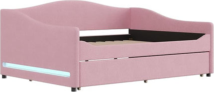 Full Size Upholstered Daybed with Trundle and LED Light, Teddy Fleece Sofabed, Day Bed Frame w/Wood Slats, for Bedroom Living Room, Pink - LeafyLoom