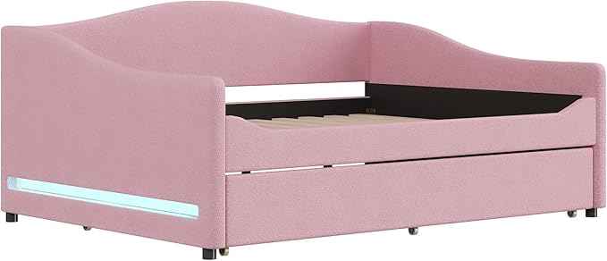 Full Size Upholstered Daybed with Trundle and LED Light, Teddy Fleece Sofabed, Day Bed Frame w/Wood Slats, for Bedroom Living Room, Pink - LeafyLoom
