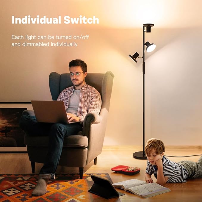36W LED Tree Floor Lamp, Modern Dimmable Standing Lamp with Remote & Touch Control, 4 Color Temperatures, 3 Rotatable LED Light Floor Lamps for Living Room, Bedroom, Office - LeafyLoom