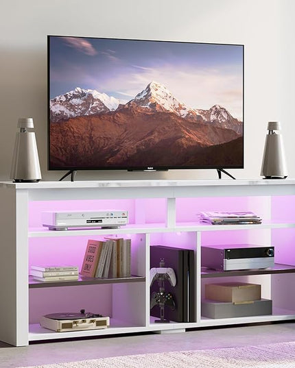 Bestier LED Tall Entertainment Center, 55 inch TV Stand for 55/60/65 inch TV, TV Console with Storage for PS5, Media TV Cabinet with Adjustable Shelf for Living Room, White Marble - LeafyLoom
