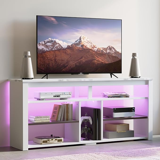 Bestier LED Tall Entertainment Center, 55 inch TV Stand for 55/60/65 inch TV, TV Console with Storage for PS5, Media TV Cabinet with Adjustable Shelf for Living Room, White Marble - LeafyLoom