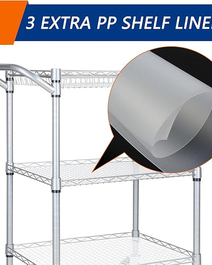 3 Tier Heavy Duty Rolling Utility Cart,18" D x 30" W x 36.6" H Rolling Carts with Wheels,Commercial Grade Metal Cart with Handle Bar & Shelf Liner,Trolley Serving Storage Cart for Kitchen Silver - LeafyLoom