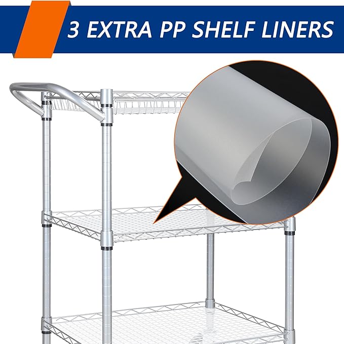 3 Tier Heavy Duty Rolling Utility Cart,18" D x 30" W x 36.6" H Rolling Carts with Wheels,Commercial Grade Metal Cart with Handle Bar & Shelf Liner,Trolley Serving Storage Cart for Kitchen Silver - LeafyLoom