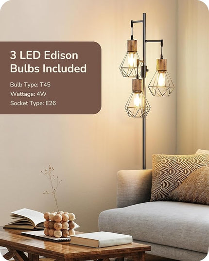 EDISHINE Dimmable Industrial Floor Lamp, Farmhouse Standing Lamp for Living Room with 3 LED Edison Bulbs, Diamond-Shaped Cage, Corner Rustic Rattan Reading Lamps for Bedroom, Office, Black - LeafyLoom