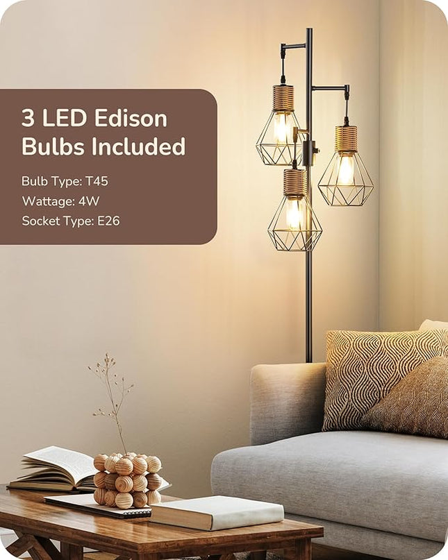 EDISHINE Dimmable Industrial Floor Lamp, Farmhouse Standing Lamp for Living Room with 3 LED Edison Bulbs, Diamond-Shaped Cage, Corner Rustic Rattan Reading Lamps for Bedroom, Office, Black - LeafyLoom